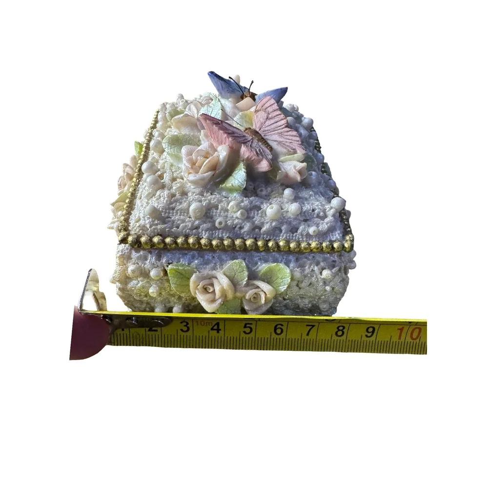 Vintage Style Butterfly Rose Lace Trinket Box Faux Pearl Rhinestone Jewelry Case